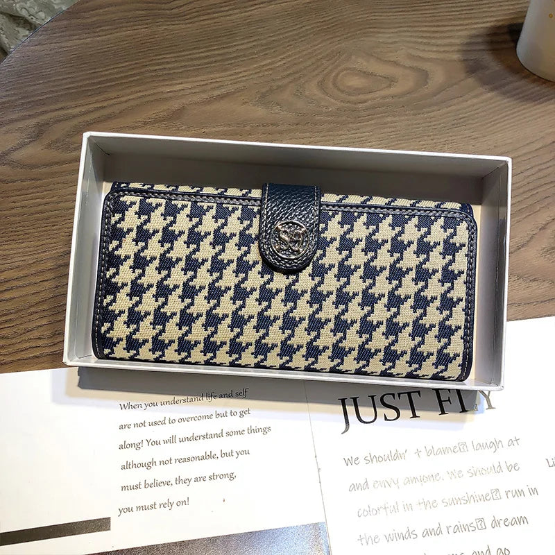 2024 New Genuine Leather Women Wallets Houndstooth Embroidery Long Wallet Excellent Cowhide Billfold For Cell Phone Clutch Bags
