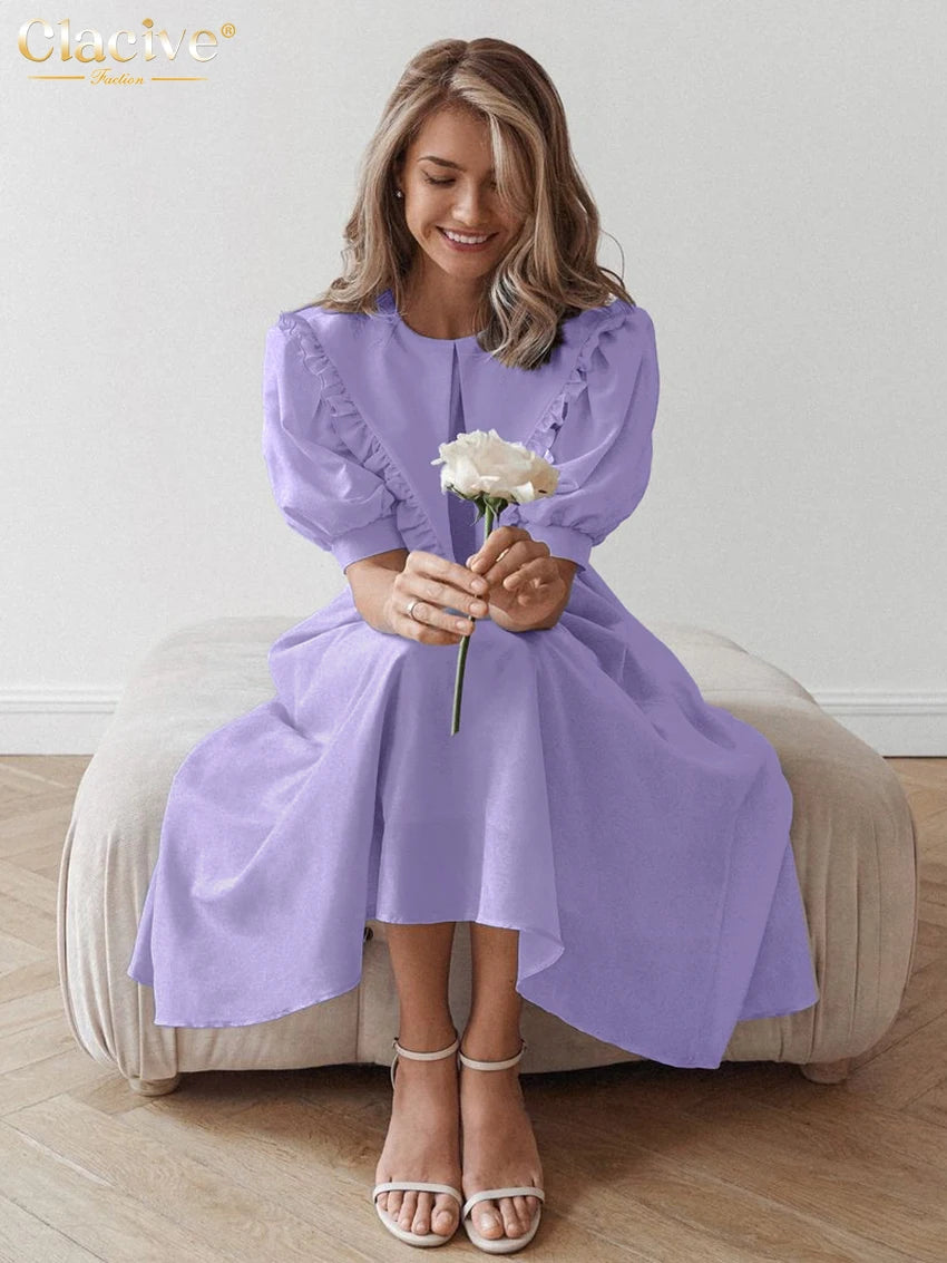 Clacive Summer Loose Purple Women's Dress 2025 Fashion Lapel Short Sleeve Midi Dresses Elegant Classic High Waist Female Dress