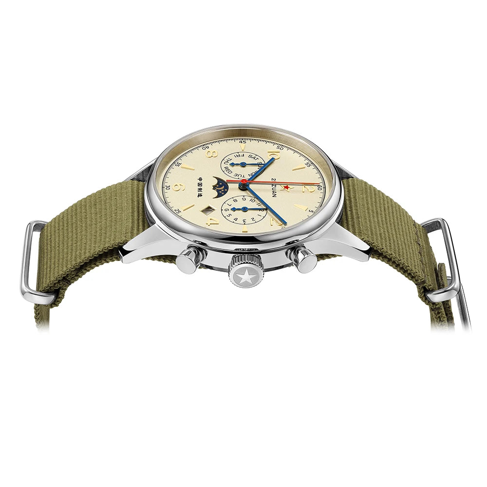 Seakoss 40mm MultiFunction Men's Automatic Watches Calendar Week Month Sapphire Glass Nylon Strap 1963 Pilot Mechanical Watch