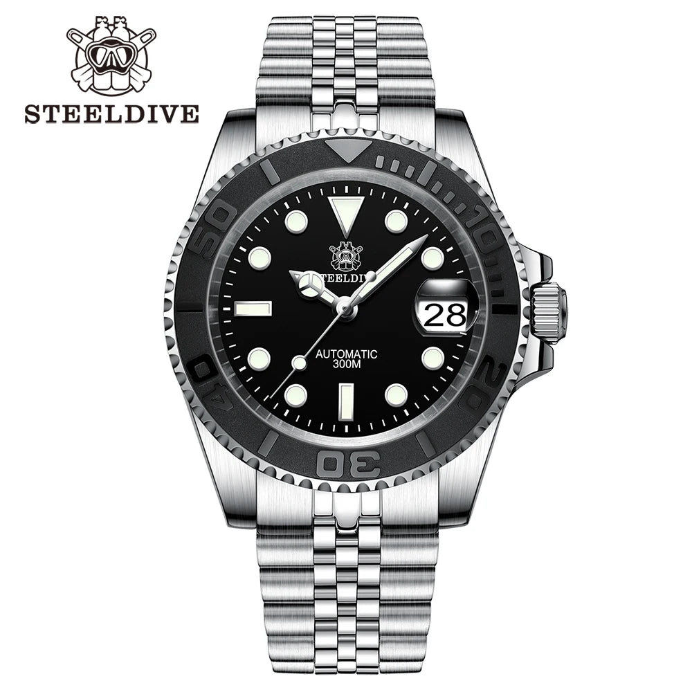 SD1953T New In STEELDIVE 300M Water Resistant NH35 Automatic Mens Dive Watch Reloj Black Ceramic Bezel With Embossed Markers