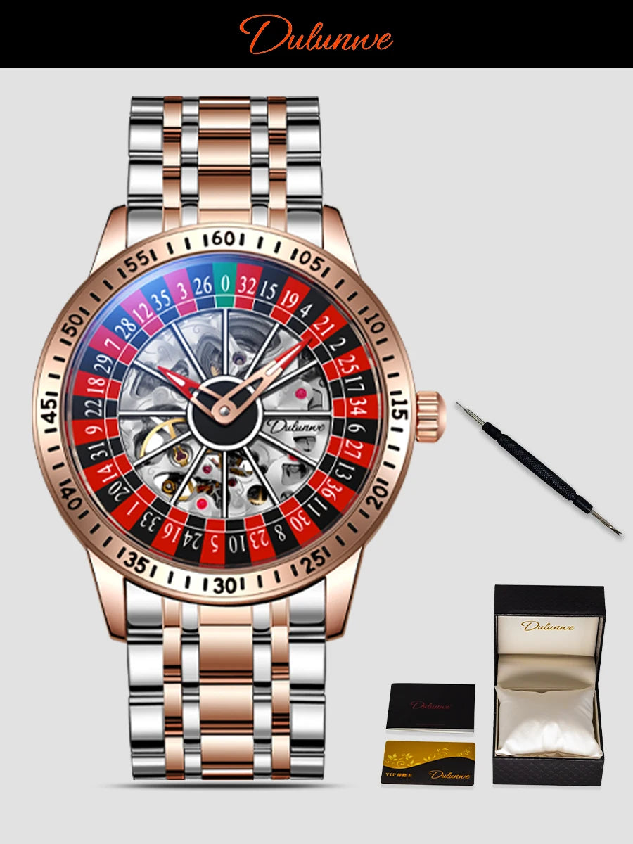 DULUNWE Men's Automatic Watch Luxury Rotating Roulette Mechanical Skeleton 30M Waterproof