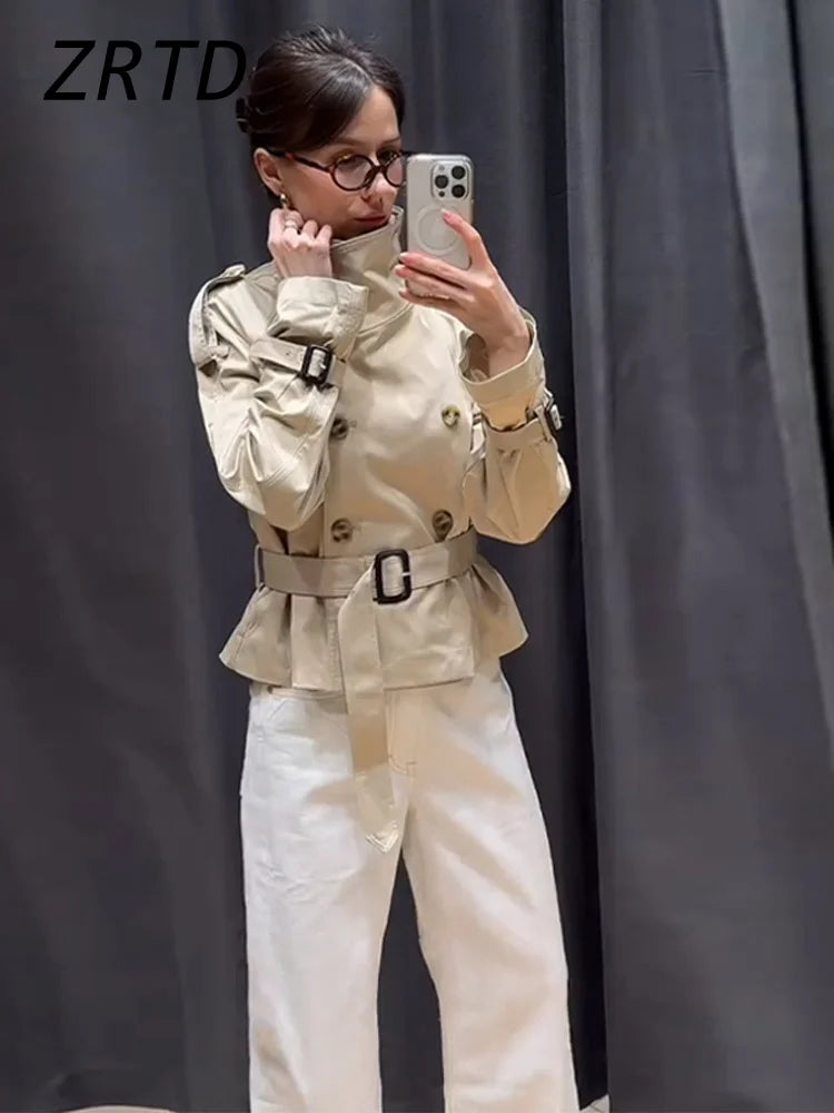 Fashion Women's Short Belt Jackets Turtleneck Double Breasted Full Sleeve Female Trench Coats 2025 Autumn Lady Commute Outwear