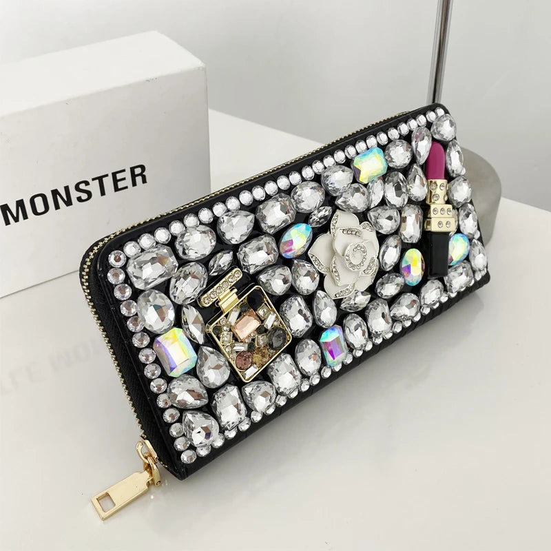 Luxury Diamond Women Long Purse Card Holder Coinetter Color Crystal Red Lip Pearl Wallet Pu Leather Zipper Around Wallet Female