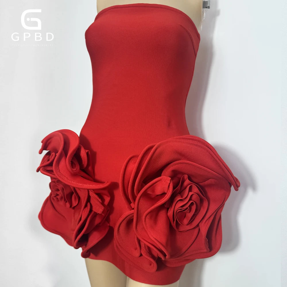 GPBD New Women'S Sexy Strapless Handmade Three-Dimensional Big Flower Tight Mini Bandage Dress Elegant Holiday Party Dress