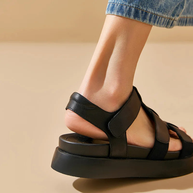 BEAUTODAY Gladiator Sandals Women Genuine Cow Leather Flats Open Toe Ankle Strap Summer Casual Ladies Platform Shoes 34560