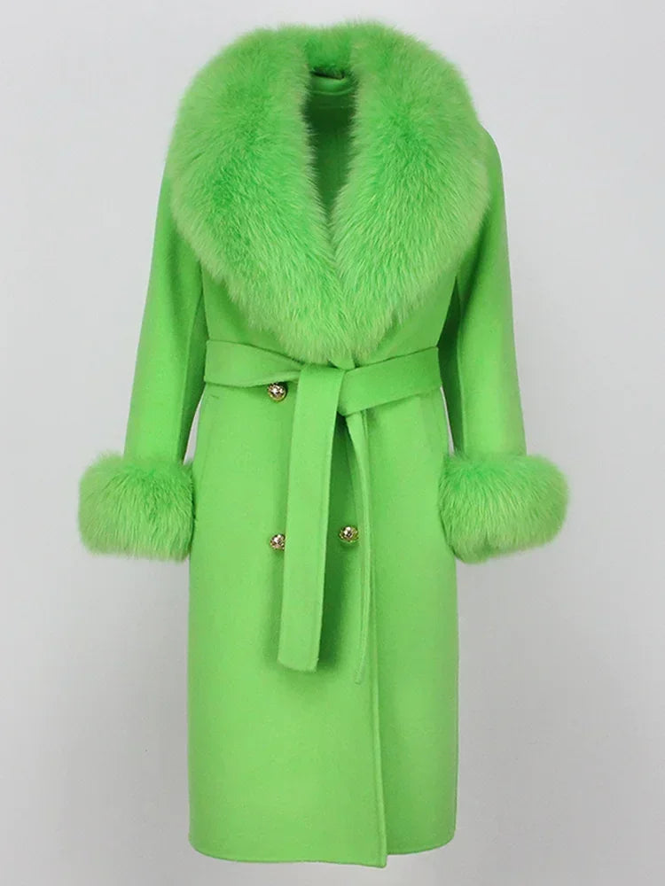 2024 Winter Jacket Women Long Natural Wool Blends Cashmere Real Fur Coat Double Breasted Belt Warm Wool Streetwear New Fashion