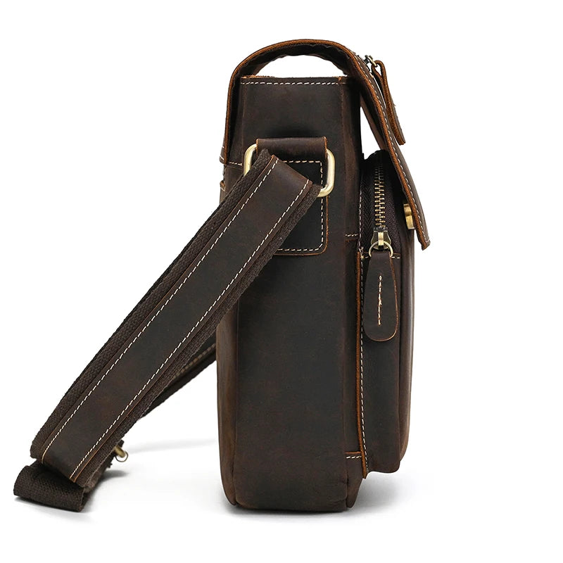 Men's Vintage Genuine Leather iPad Messenger Bag Thick Cow Leather Shoulder Bag Small Casual Crossbody Bag Cowhide Briefcase