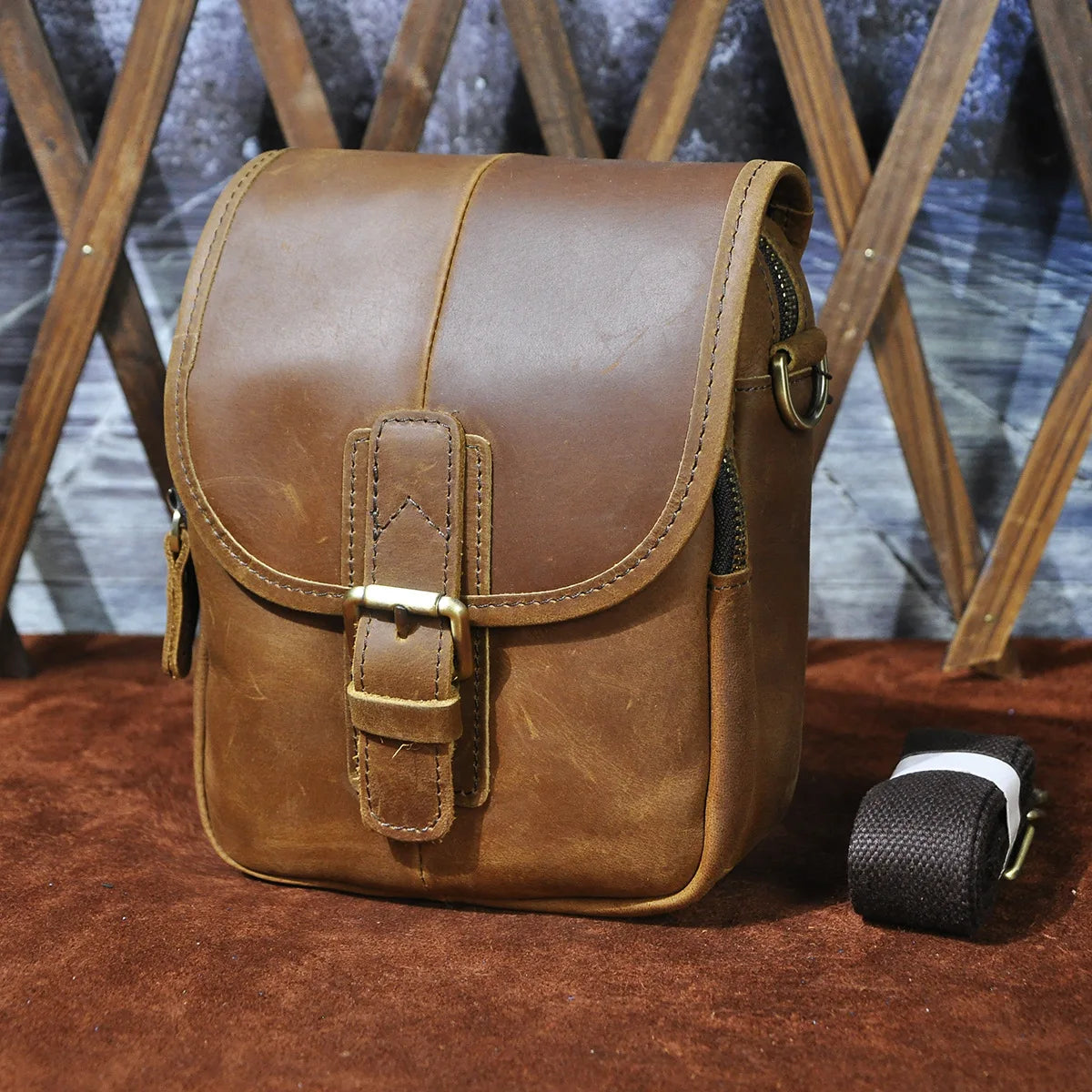 Men Genuine Crazy Horse Leather Waist Pack 7-Inch Vintage Outdoor Hip Bag with Hook Phone Camera Pouch Male Crossbody Bags