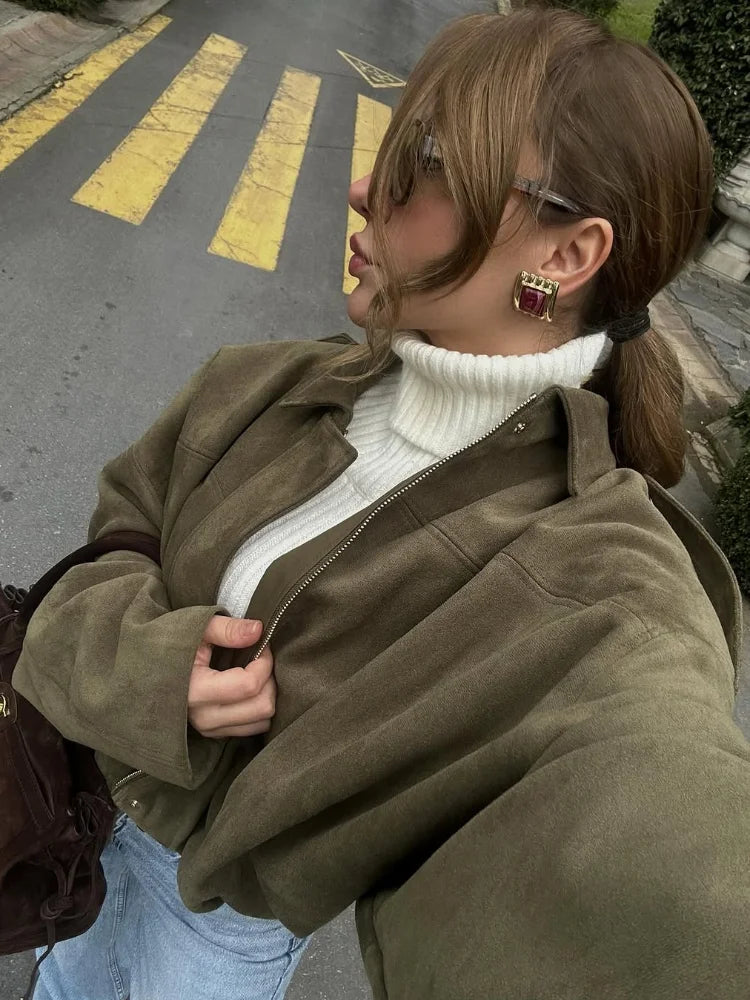 Chic Women's Green Suede Jacke Fashion Loose Long Sleeve Laple Zipper Bomber Jackets 2025 Spring New Ladies High Street Clothing