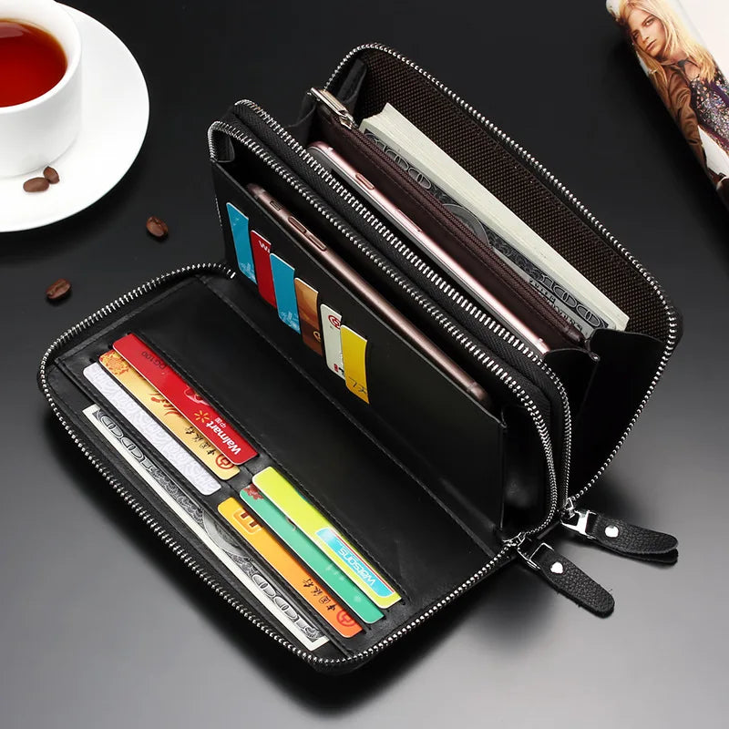 Genuine Leather Wallets for Men 2025 Long Zipper Wristlet Clutch Phone Bag Business Card Holder Wallet Brand Murse Coin Purse
