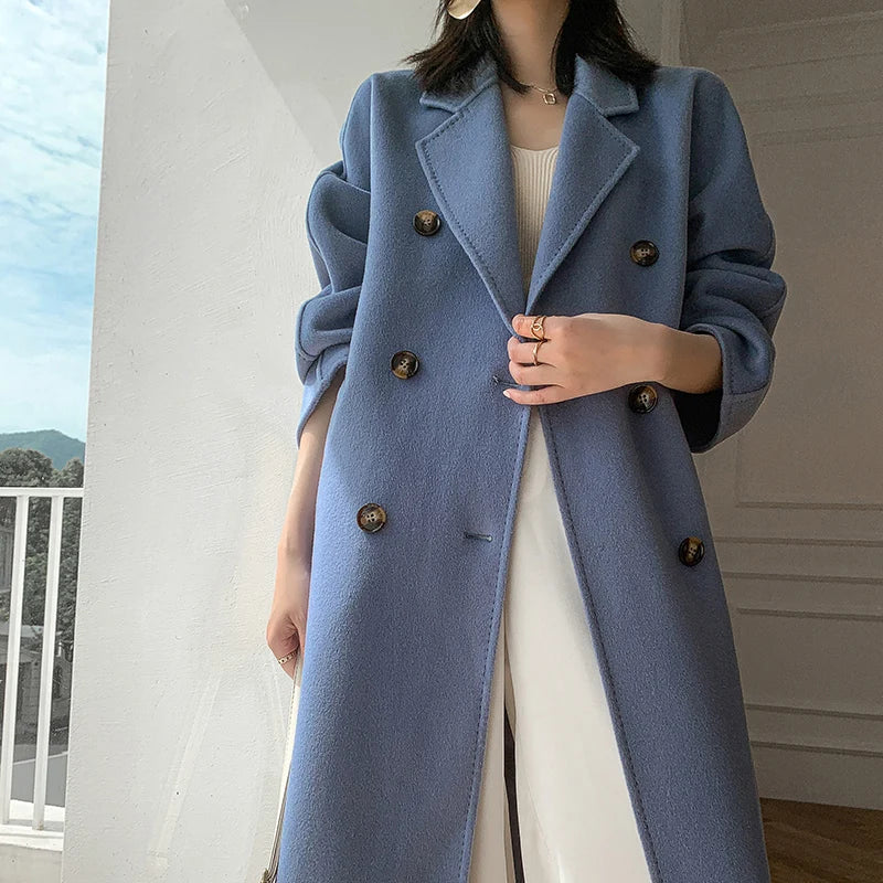 High Quality Double Sided 100%Wool Coat Women Long Double Breasted Elegant Loose Cashmere Winter Jacket
