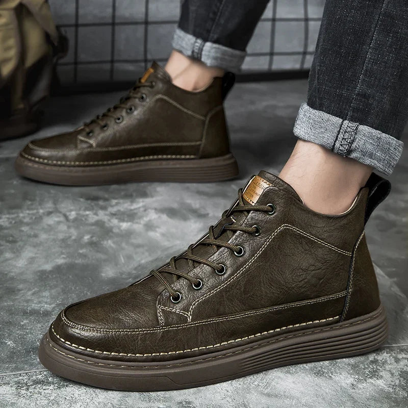 Spring Genuine Leather Mens Ankle Boots Men High Top Sneakers Classic Skate Shoes For Men Casual Footwear Handmade Boots Male