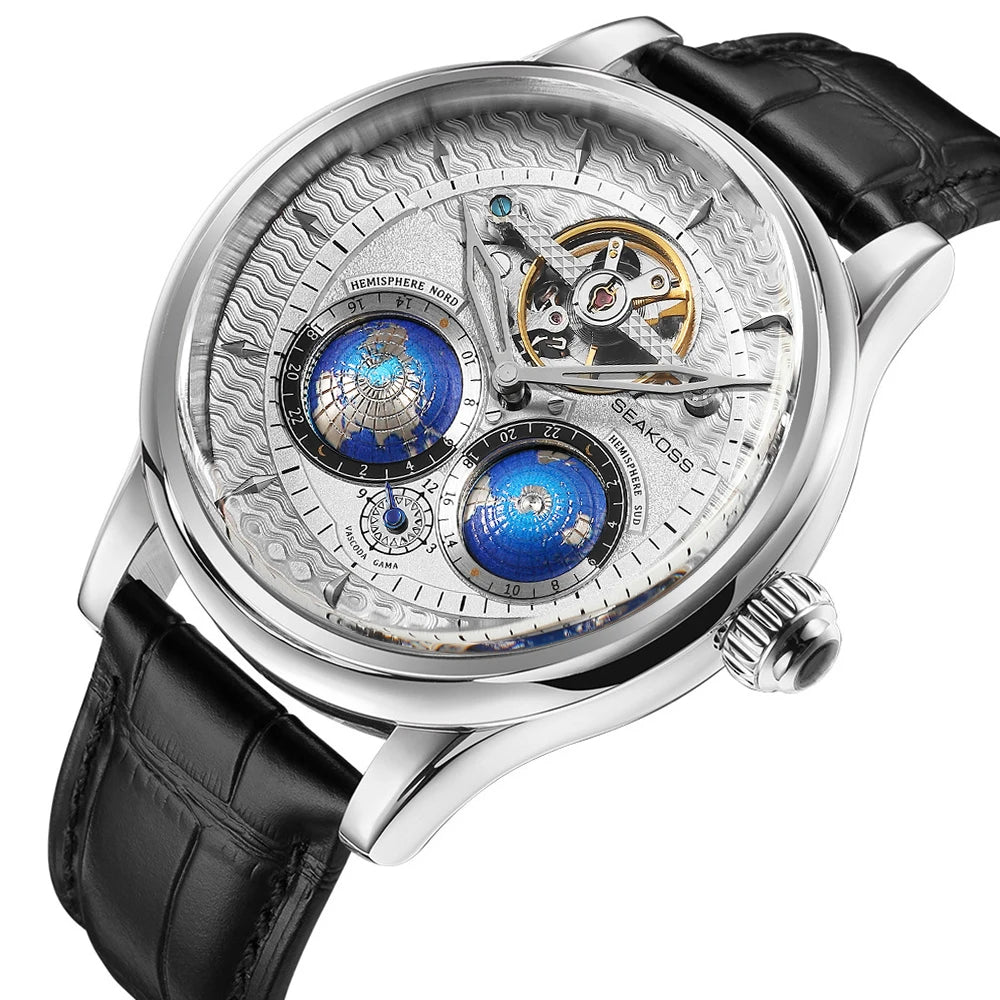 SEAKOSS 3D Double Earth Rotating Men's Mechanical Watch Automatic Movement Waterproof Clock Pilots Male 1963 Flywheel Watches