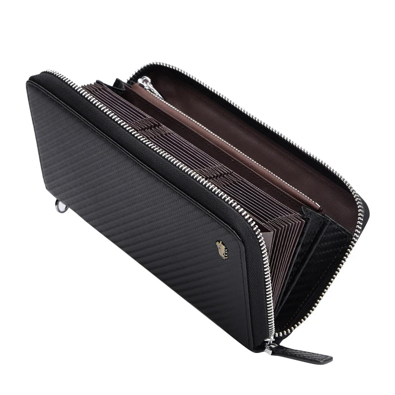 BISON DENIM New Designer Men's Long Wallet High Quality Carbon Fiber Purse RFID Blocking Bill Card Holder Large Capacity Wallet
