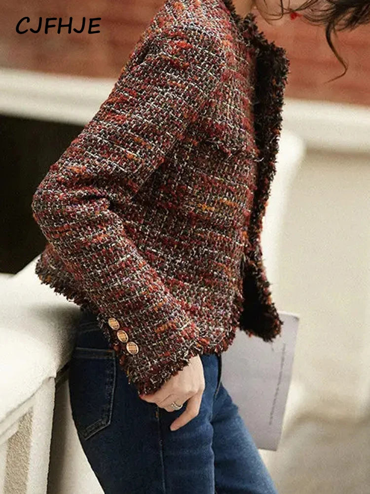 CJFHJE O-neck Tweed Fragrant Lady Coats Autumn Winter New Elegant Lady Outerwear Tops Tassel Single Breasted Women Woolen Jacket