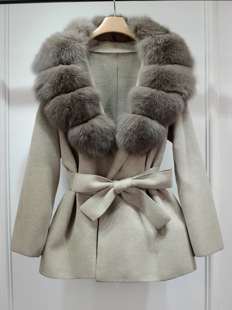 Janveny Wool Coat Women 2025 New Winter Autumn Cashmere Coats Luxury Real Fox Fur Collar Ladies Elegant Belt Design Outwear