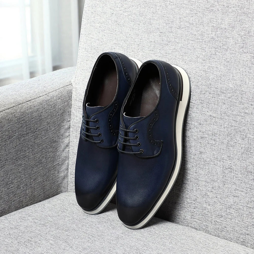 Blue Black Business Office Mens Casual Derby Dress Shoes Genuine Leather Lace-up Comfortable Flat Sneaker Shoes for Man