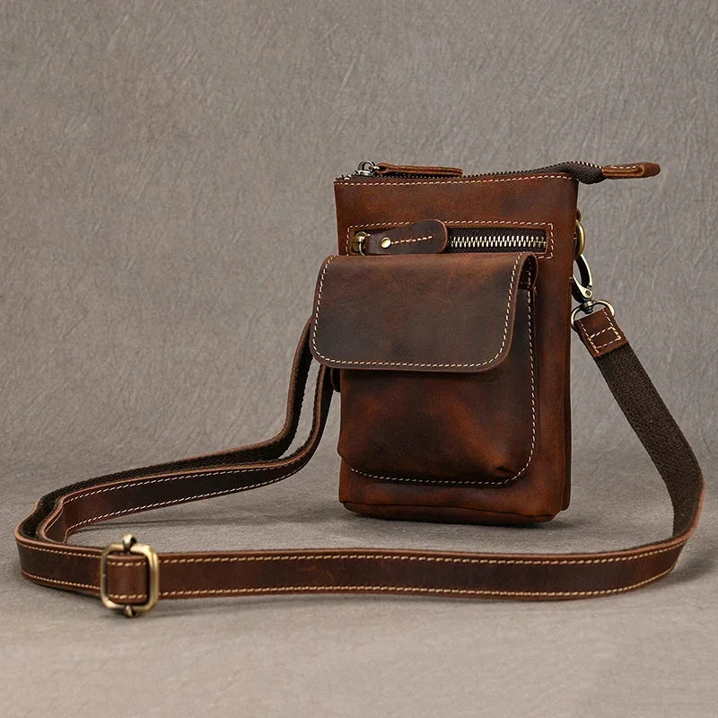 Retro Men's HiP Bum Waist Bags Clip Buckle Belt Waist Packs Zip Small Mini Fanny Pack Genuine Leather Cowhide Man Belt Pouch