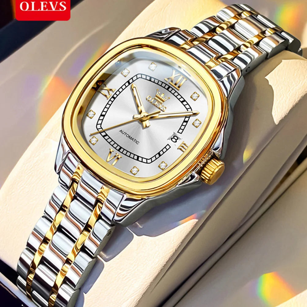 OLEVS 9810 Women Watch Automatic Mechanical Watch Simple Roman Scale Square Diamond Women Watch Waterproof Calendar Dress Watch