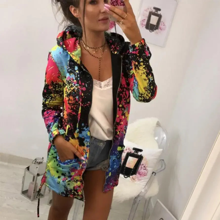 Black Jackets Women Outerwear Coats 2025 Jackets Female Fashion Tie Dyeing Print Outwear Sweatshirt Hooded Zopper Coat Harajuku
