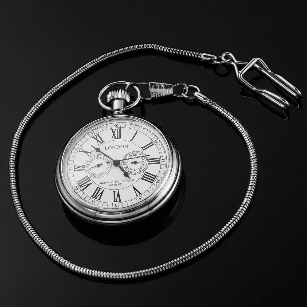 Luxury London 1856's Antique Pocket Watch Mechanical Hand Winding Stainless Steel Case Mens FOB Chain Pocket Watch Reloj Gift