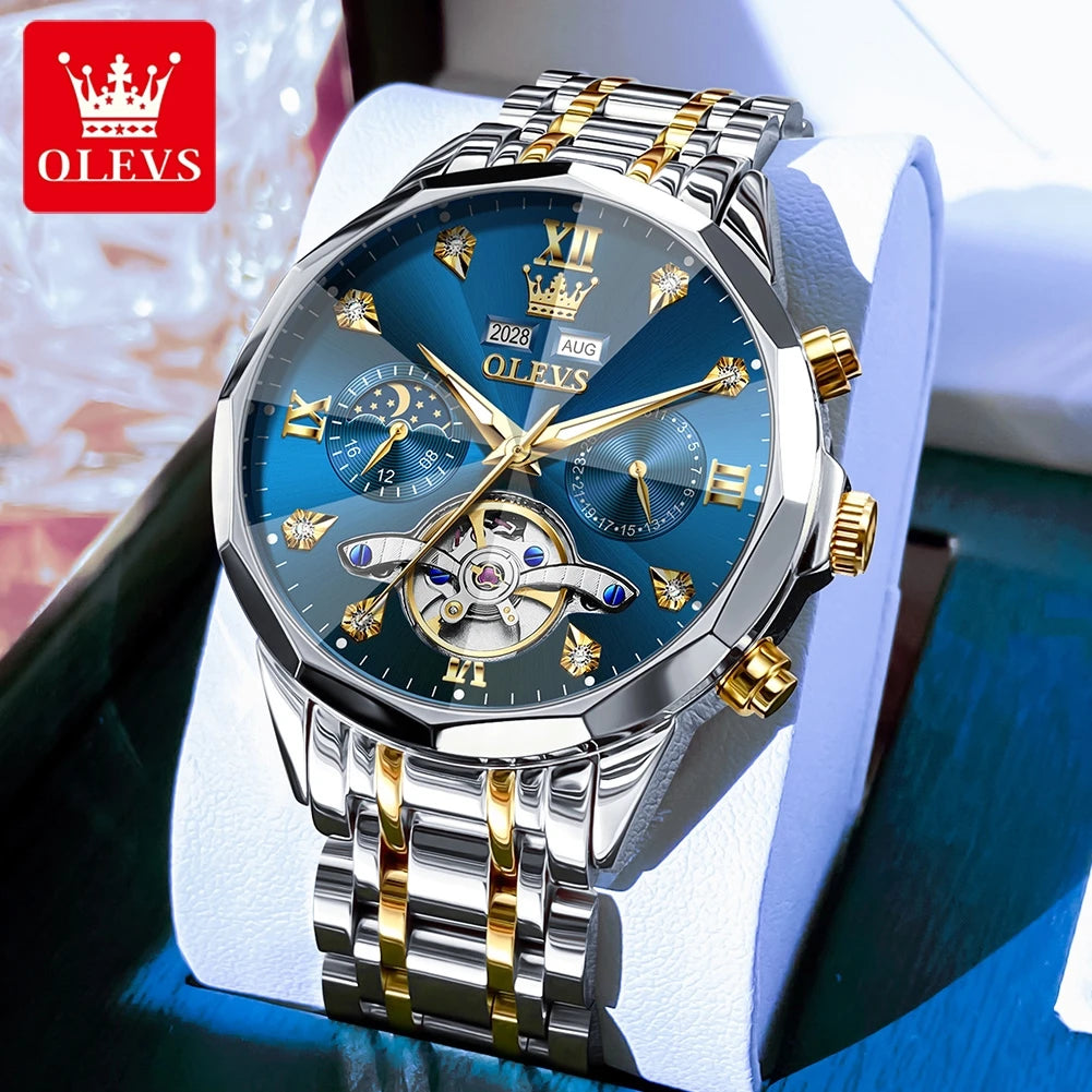 OLEVS 6621 Mens Watch High-end Automatic Mechanical Watches Flywheel Hollow Dial Calendar Moon phase Waterproof Man Wristwatch