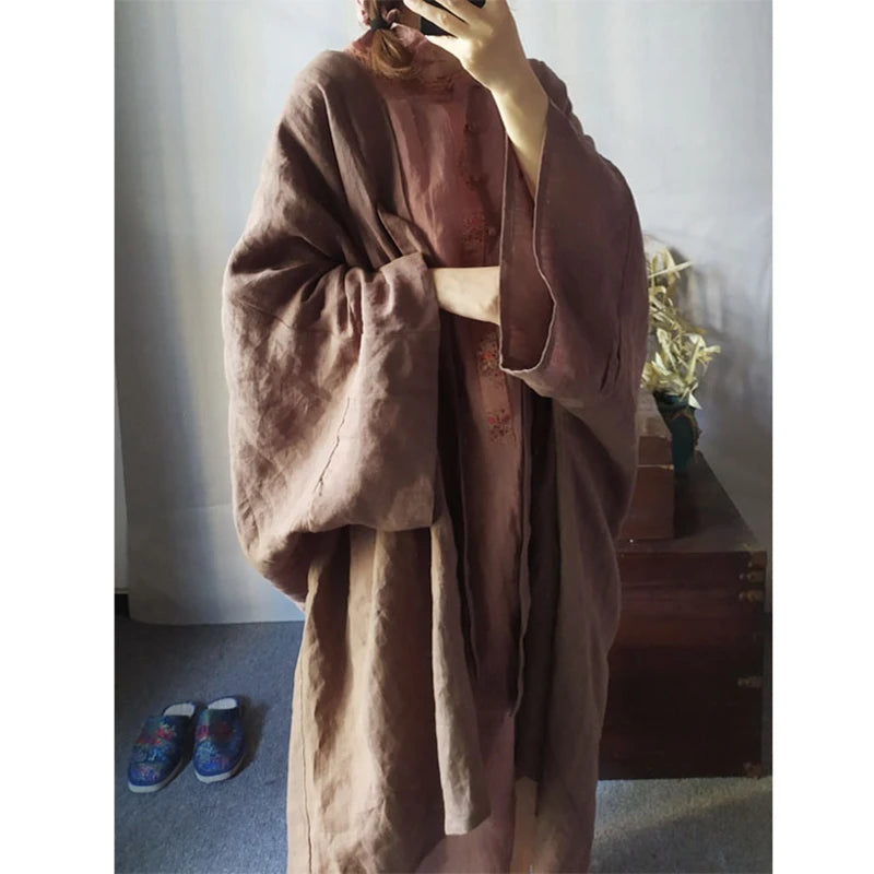 Arts Style 2025 New Arrival Spring/summer Women Loose Casual Good Quality Cotton Linen Long Coat V-neck Open Stitch Trench Y333
