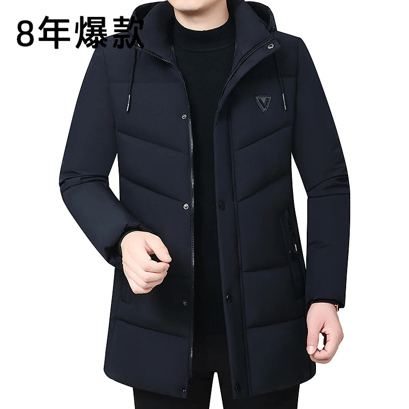 Hooded Winter Down Cotton Coat for Men Parkas Thickened Solid Color Padded Cardigan Midi Length Zip Up Men's Warm Jacket