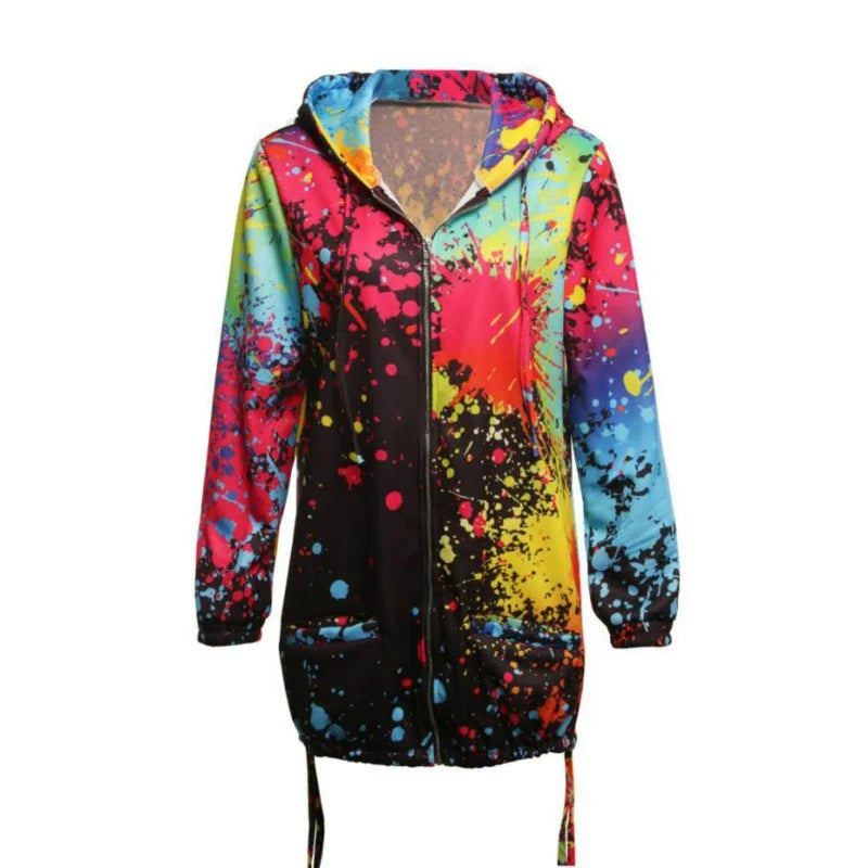 Black Jackets Women Outerwear Coats 2025 Jackets Female Fashion Tie Dyeing Print Outwear Sweatshirt Hooded Zopper Coat Harajuku