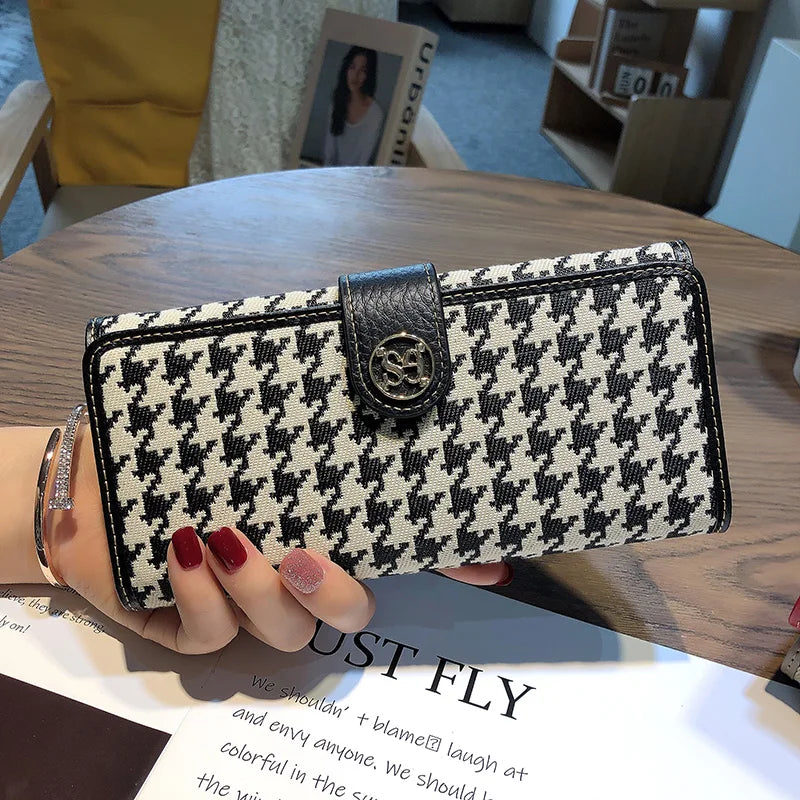 2024 New Genuine Leather Women Wallets Houndstooth Embroidery Long Wallet Excellent Cowhide Billfold For Cell Phone Clutch Bags