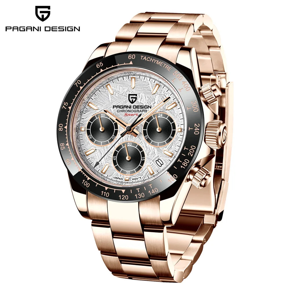 PAGANI DESIGN 2025 New Sport Chronograph Top Brand Luxury Quartz Watch For Men VK63 Automatic date 100M Waterproof Ceramic bezel
