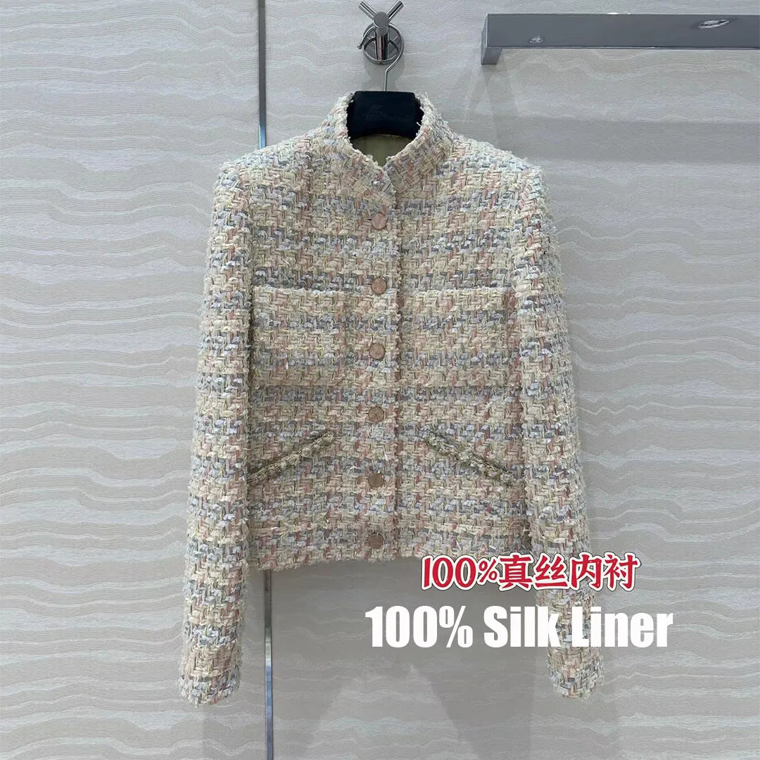 Top Quality 100% Silk Liner Plaid Woven Tweed Coat Women Stand Collar Long Sleeve Single Breasted Pockets Sweet Vintage Jacket
