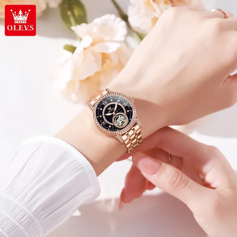 OLEVS Hollow Women's Watch Fully Automatic Mechanical Watch Luxury Diamond Inlaid Starry Sky Elegant Women's Brand Watch 7036