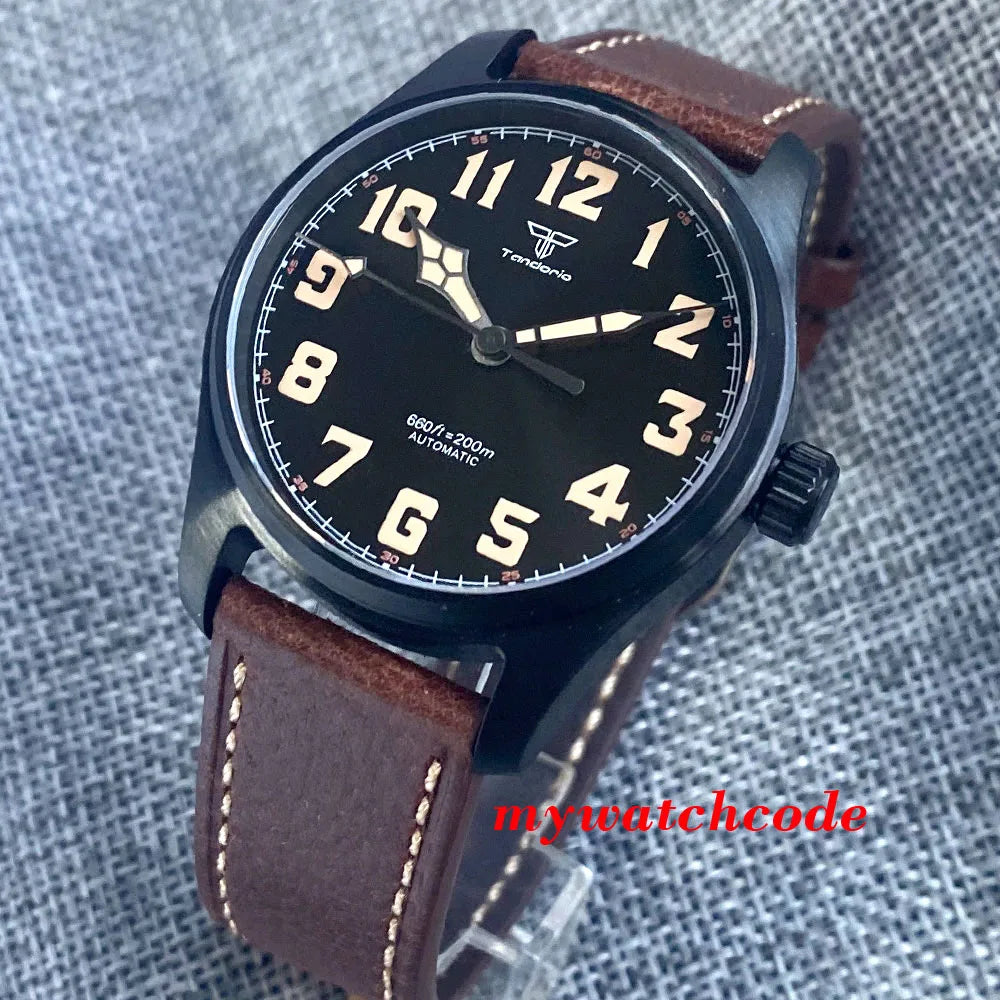 Waterproof Vintage Pilot Watch Tandorio Black NH35 Mechanical Clock Men Arabic Numerals 39mm Sport Clock Reloj Hombre Big Crown