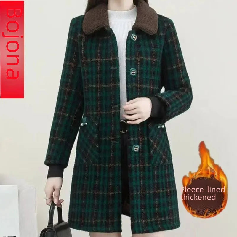 Elegant Fashionable Stylish High-end Medium-length Jacket Integrated Fleece Thickened Overcoat Women's Square Collar Wool Blends