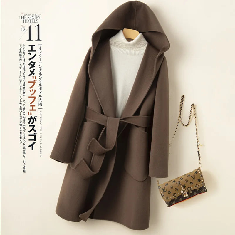 Women Double-sided Middle Long Length Woolen Hoodie Coat With Belt Lace Up Hooded Slimming Wool Jacket Autumn Winter Outerwear