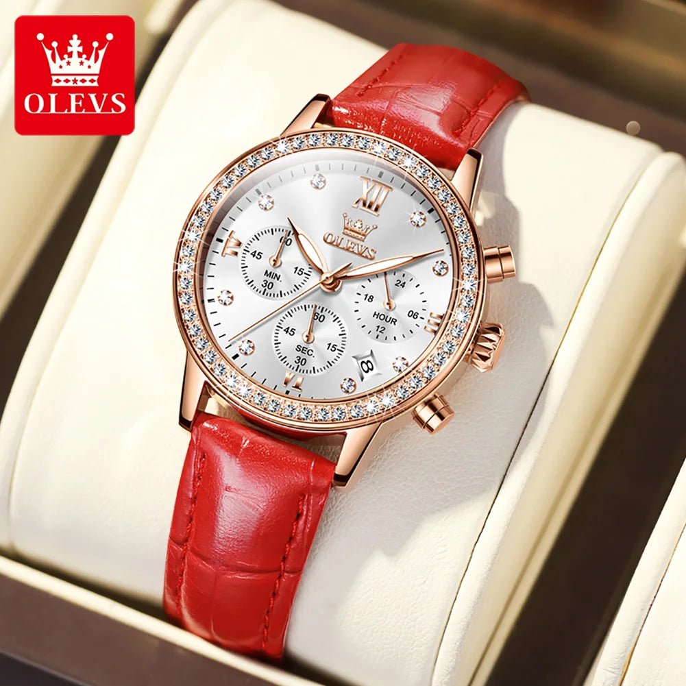 OLEVS 9933 Original Luxury Quartz Watch for Women Fashion Elegant Leater Strap Waterproof Chronogrph Branded Women's Wrist Clock