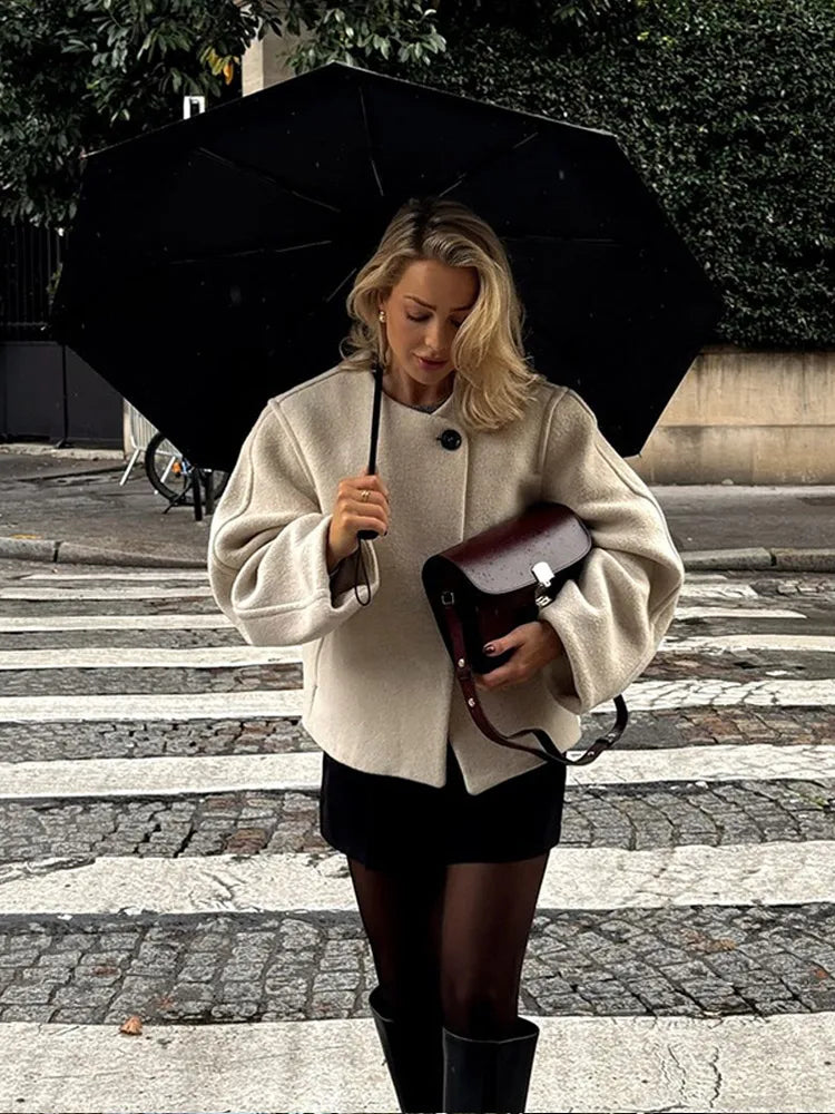 Retro Loose Casual Woolen Coats Women's Double Breasted Stand Collar Short Jacket Office Lady Autumn Winter 2024 Solid Outerwear