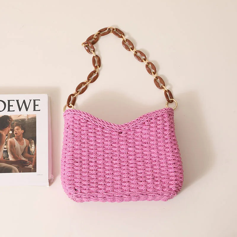 Small fresh purple underarm woven bag New crescent single shoulder solid straw woven bag Women's beach holiday beach bag