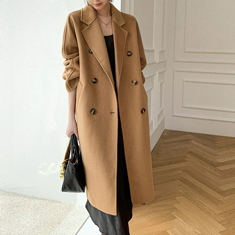 High Quality Double Sided 100%Wool Coat Women Long Double Breasted Elegant Loose Cashmere Winter Jacket
