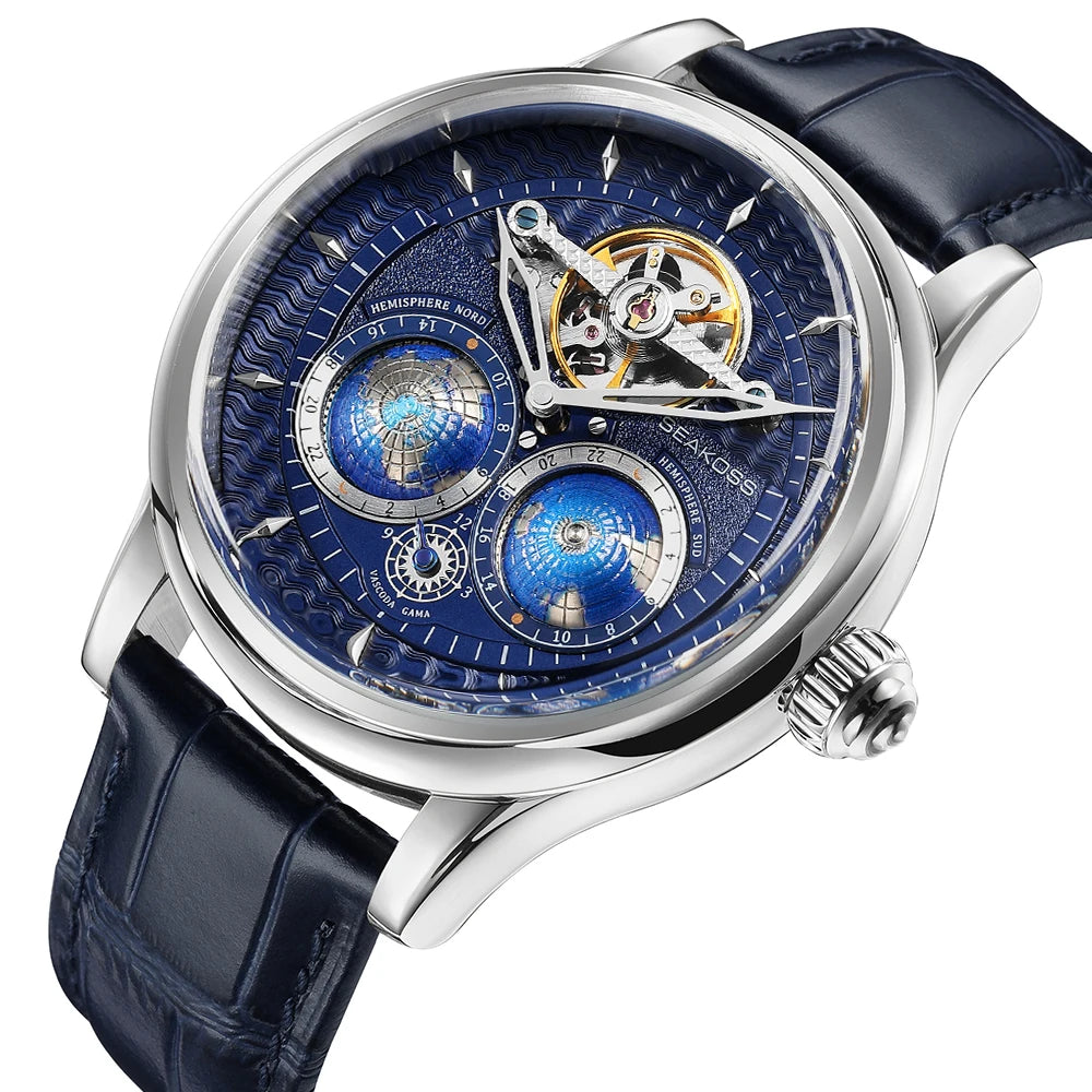 SEAKOSS 3D Double Earth Rotating Men's Mechanical Watch Automatic Movement Waterproof Clock Pilots Male 1963 Flywheel Watches