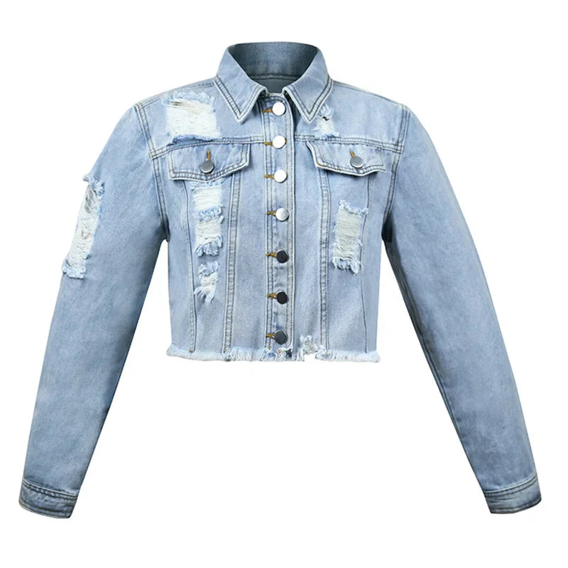 Street Style Tassels Hem Short Jackets Women's Broken Holes Double Pocket Decoration Denim Coat Female Single-breasted Outerwear