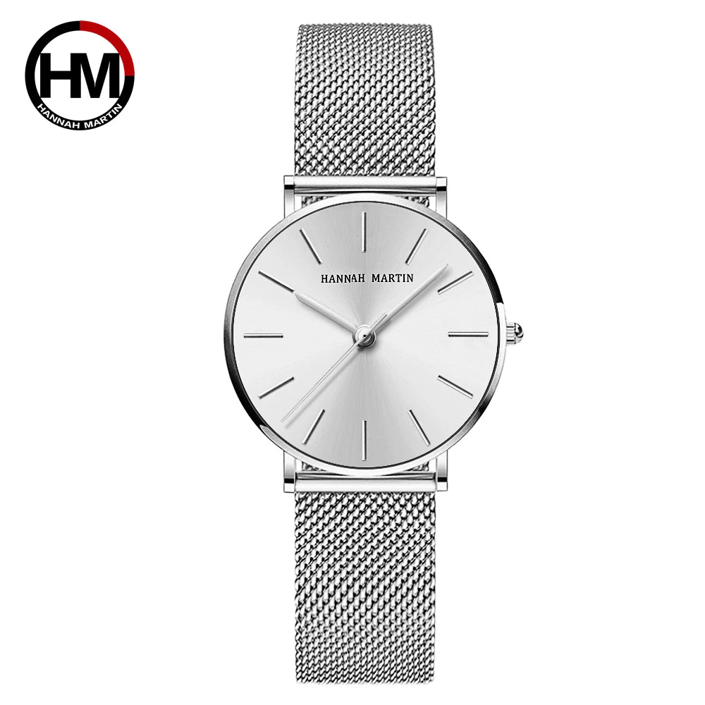 Hannah Martin Original Women Watch With Japanese Imported Movement Fashionable Simple Style Stainless Steel Mesh Rose Wristwatch