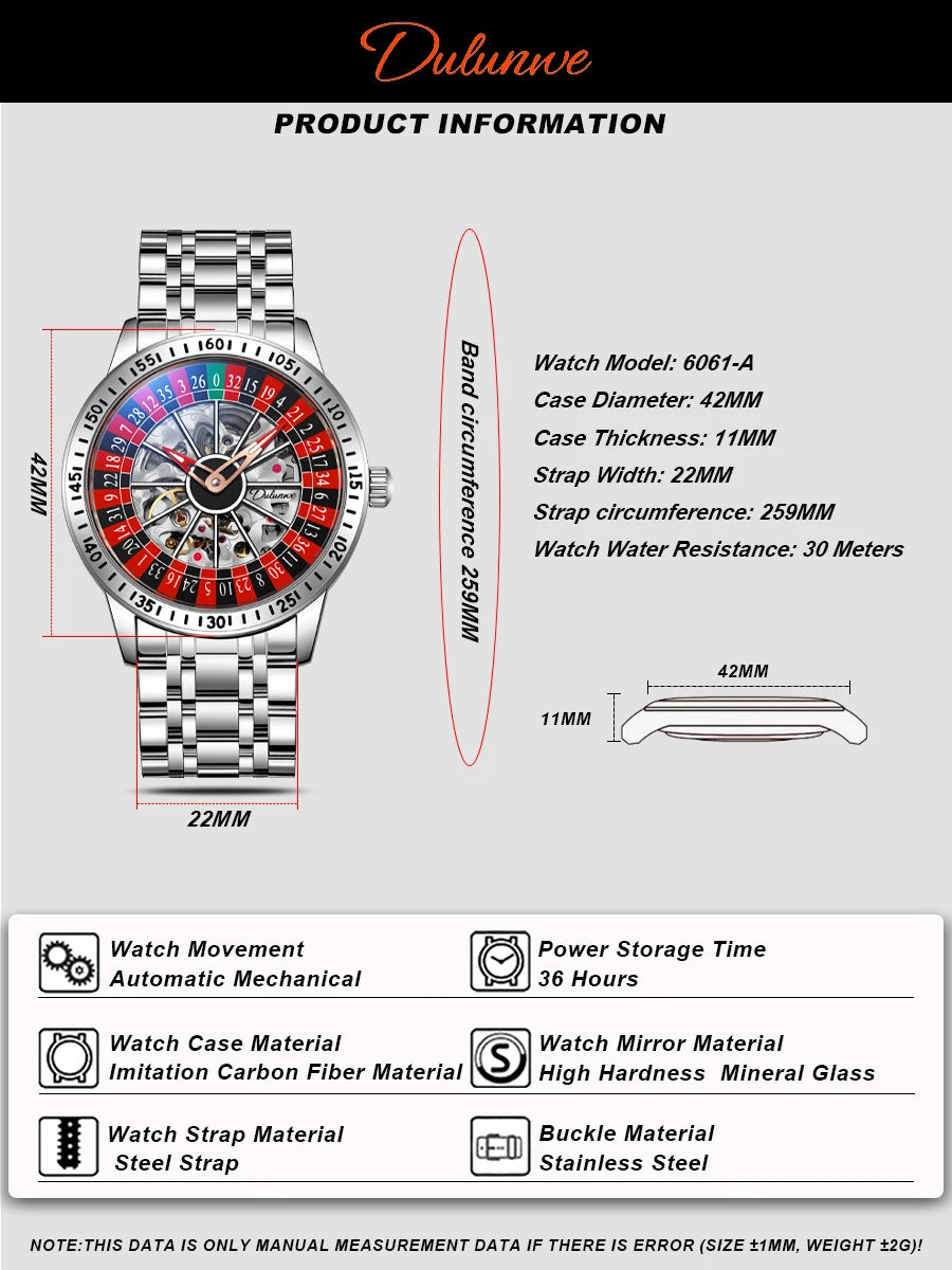 DULUNWE Men's Automatic Watch Luxury Rotating Roulette Mechanical Skeleton 30M Waterproof