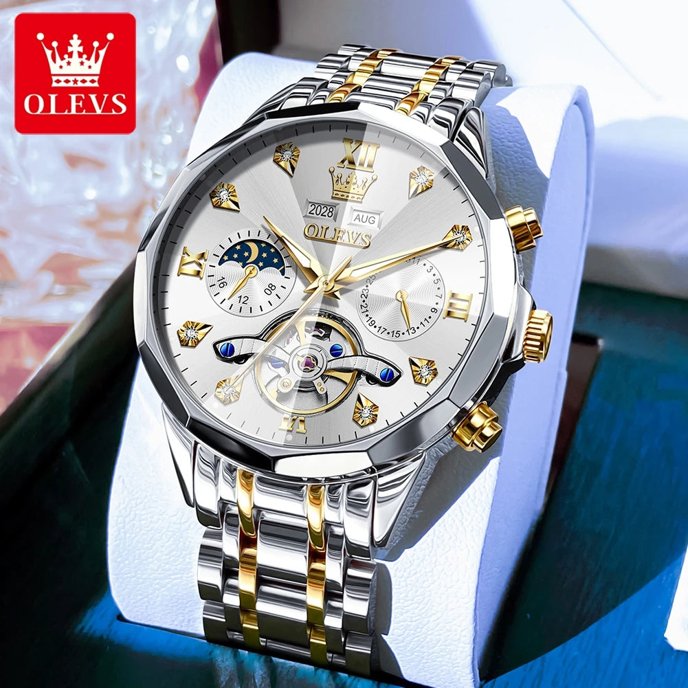 OLEVS 6621 Mens Watch High-end Automatic Mechanical Watches Flywheel Hollow Dial Calendar Moon phase Waterproof Man Wristwatch