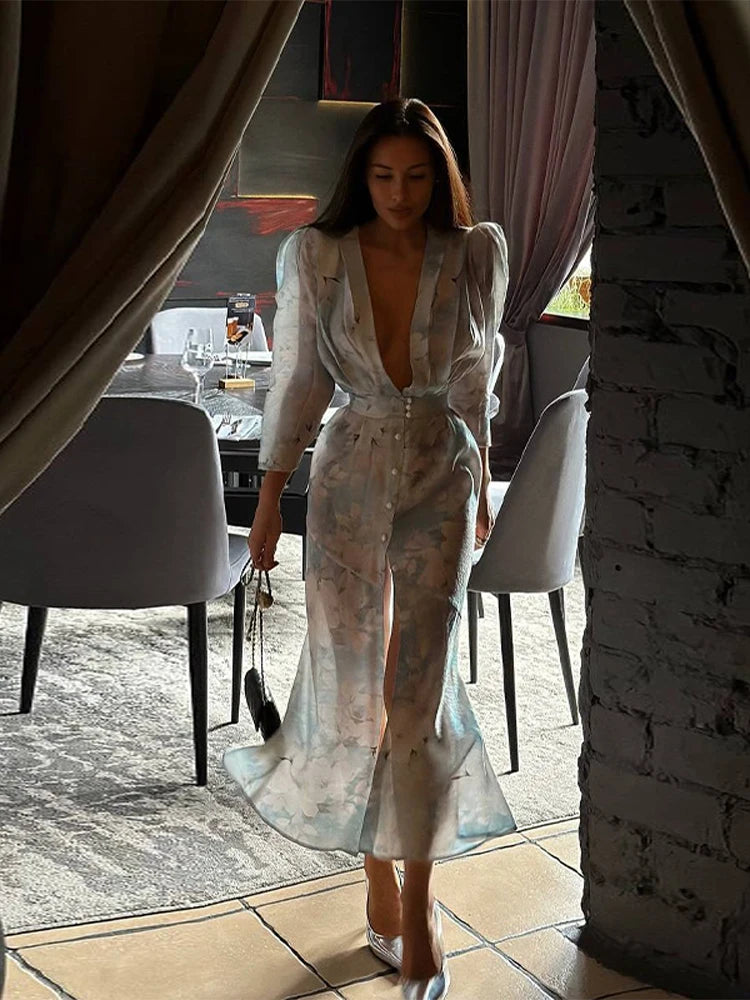 Print Long Dress For Women Deep V-neck Puff Sleeve Single Breasted Front Split Robes 2025 Summer Elegant Female Party Dresses