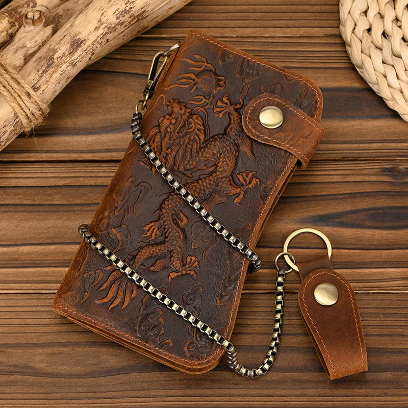 Newsbirds luxury brand designer men leather wallet 3D Tiger Dragon embossing cowhide men's wallet with iron chain high fashion
