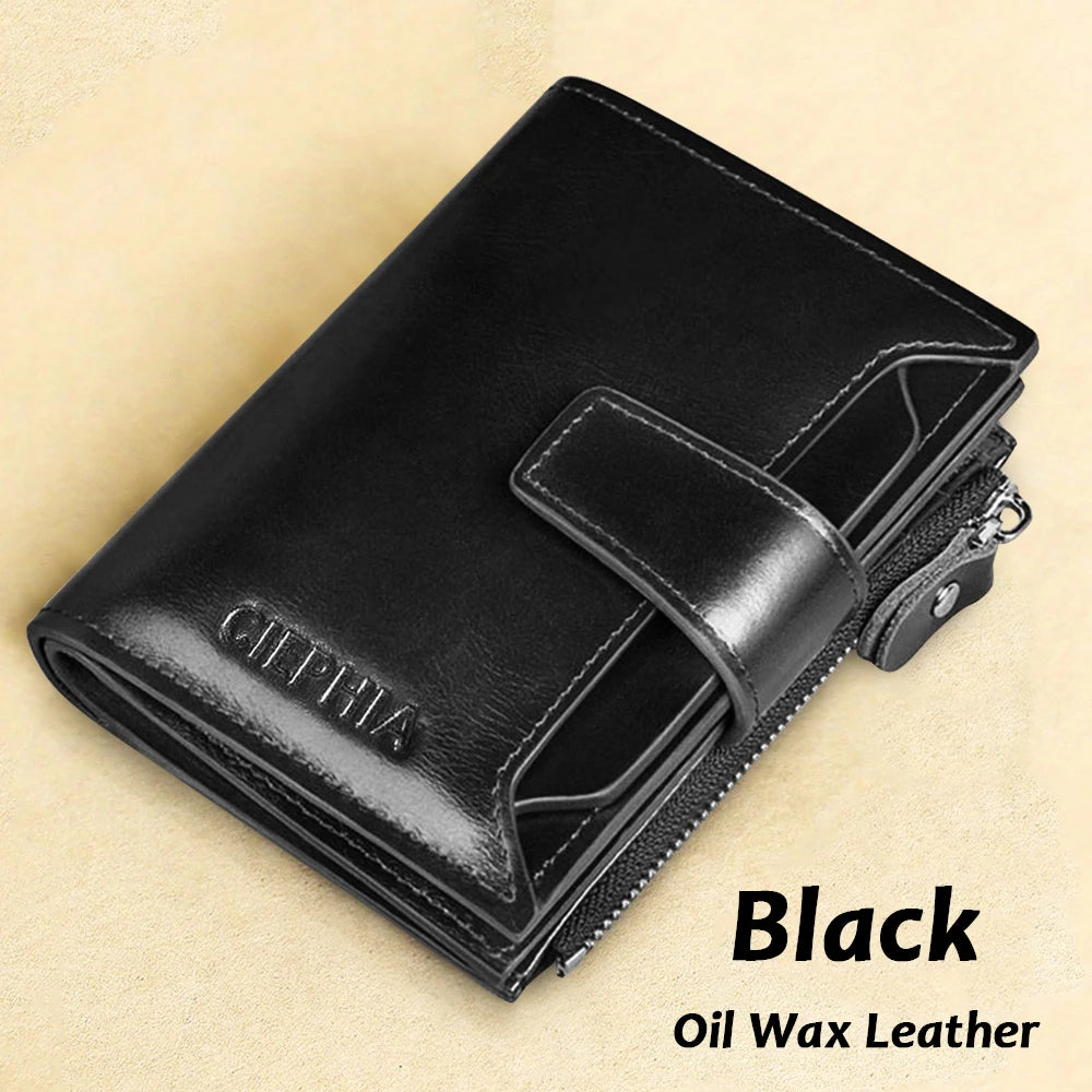 Men's Genuine Leather Wallet Vintage Short Multi Function Business Card Holder RFID Blocking Zipper Coin Pocket Money Clip