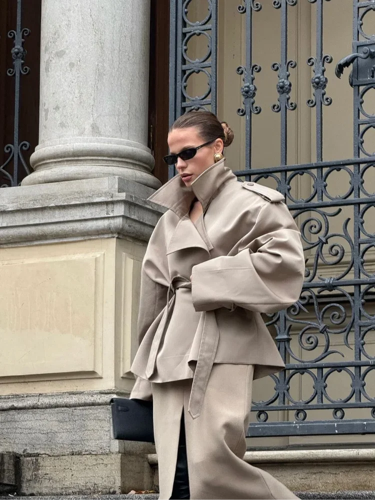 Elegant Solid Lace Up Overcoat Women Chic Full Sleeve Lapel Collar Button Loose Coat Autumn Female Street New Oversize Outerwear