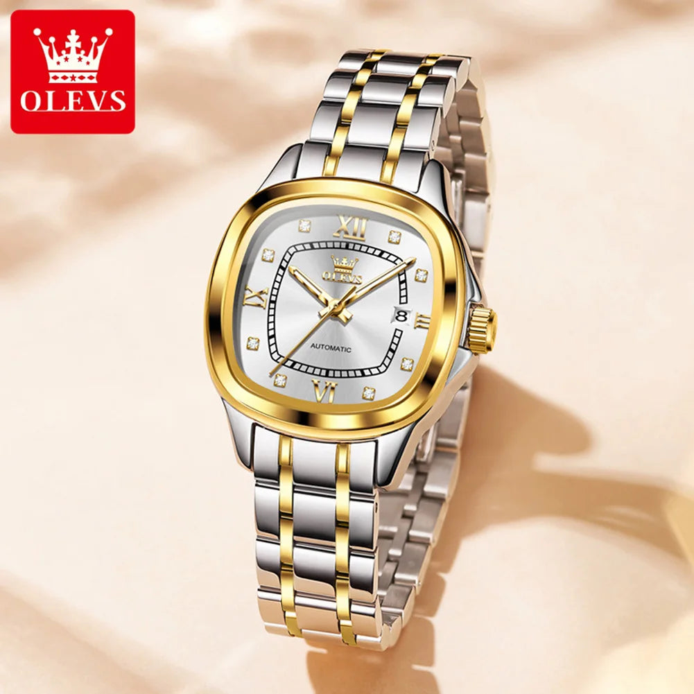 OLEVS 9810 Women Watch Automatic Mechanical Watch Simple Roman Scale Square Diamond Women Watch Waterproof Calendar Dress Watch